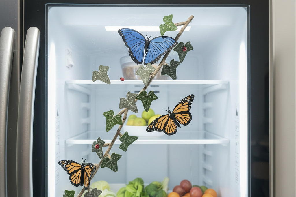 blue morpho, orange monarch, red ladybug, and green leave magnets