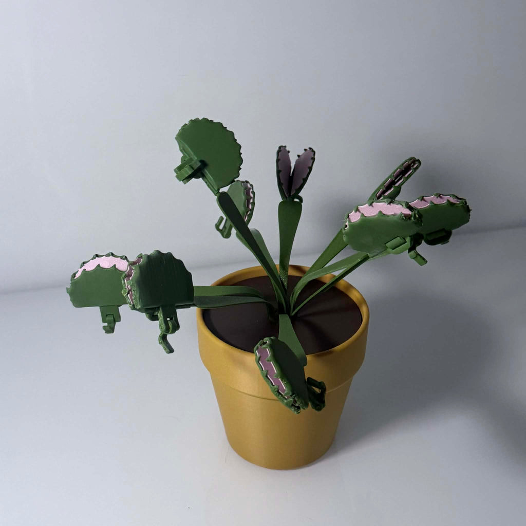 Venus fly trap plant in a gold pot with the fly traps doubling as detachable bag clips
